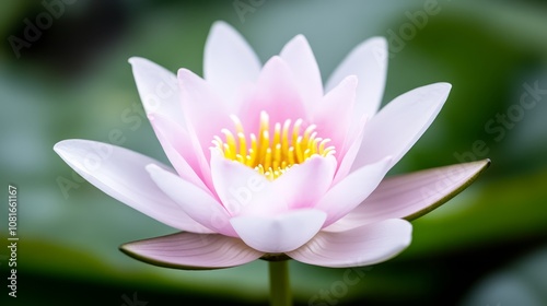 A pink water lily with a yellow center in a pond