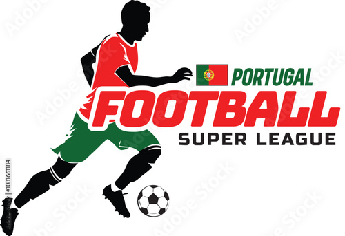 Portugal football league, Soccer ball, Football logo, Footballer Kick the Ball isolated on white background, Vector Illustration