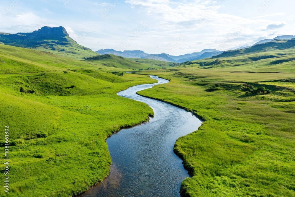 Winding river through lush green valley drakensberg mountains aerial view natural landscape serene beauty Winding river through lush green valley drakensberg mountains aerial view natural landscape serene beauty