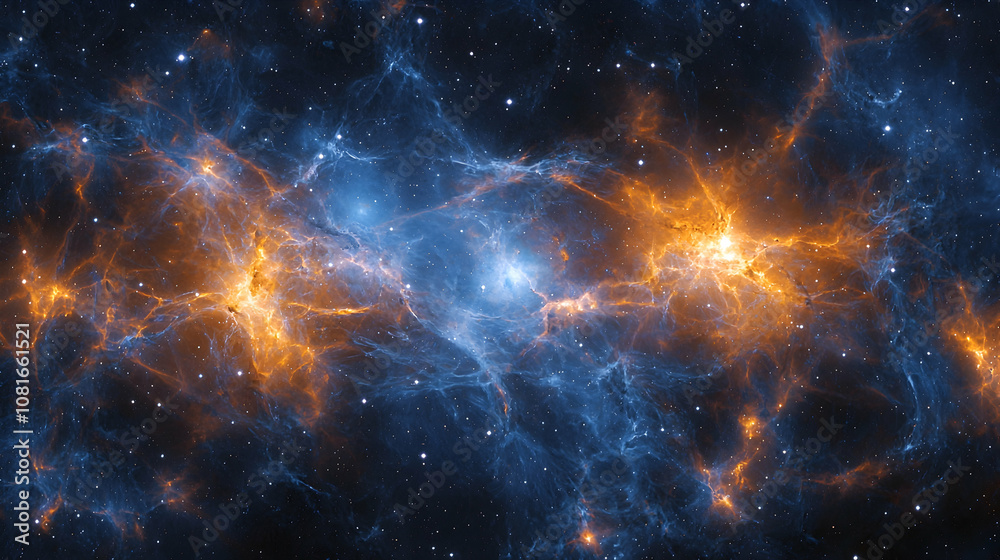 Fototapeta premium Cosmic Nebula Illustration - Blue and Orange Swirling Clouds in Deep Space