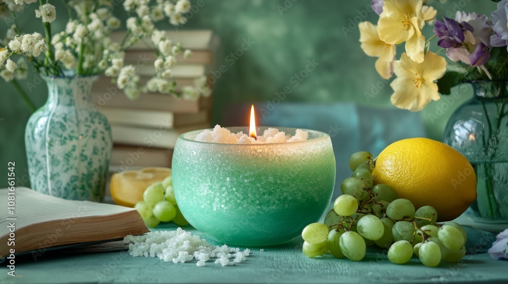 A green bowl with a candle in it sits on a table with a book, a vase A green bowl with a candle in it sits on a table with a book, a vase