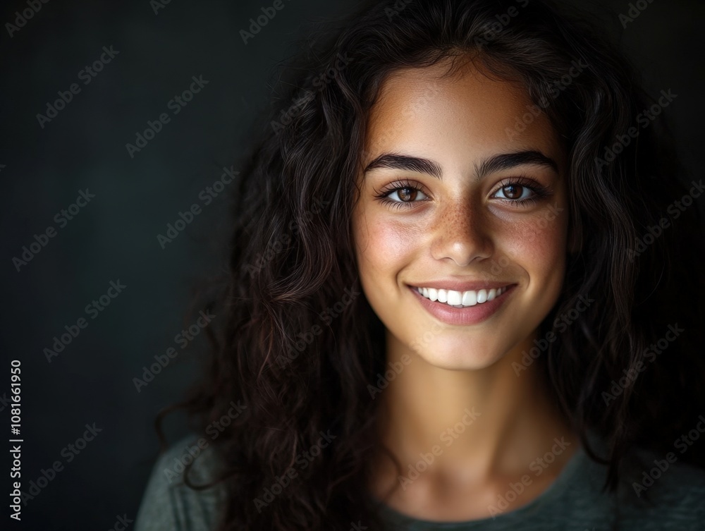 A young woman with curly hair and a bright smile, radiating confidence. A young woman with curly hair and a bright smile, radiating confidence.