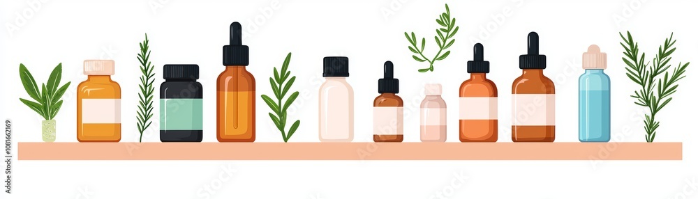 Natural Healing Remedies Shelf - Homeopathic Products Flat Design Illustration Concept for Alternative Medicine Natural Healing Remedies Shelf - Homeopathic Products Flat Design Illustration Concept for Alternative Medicine