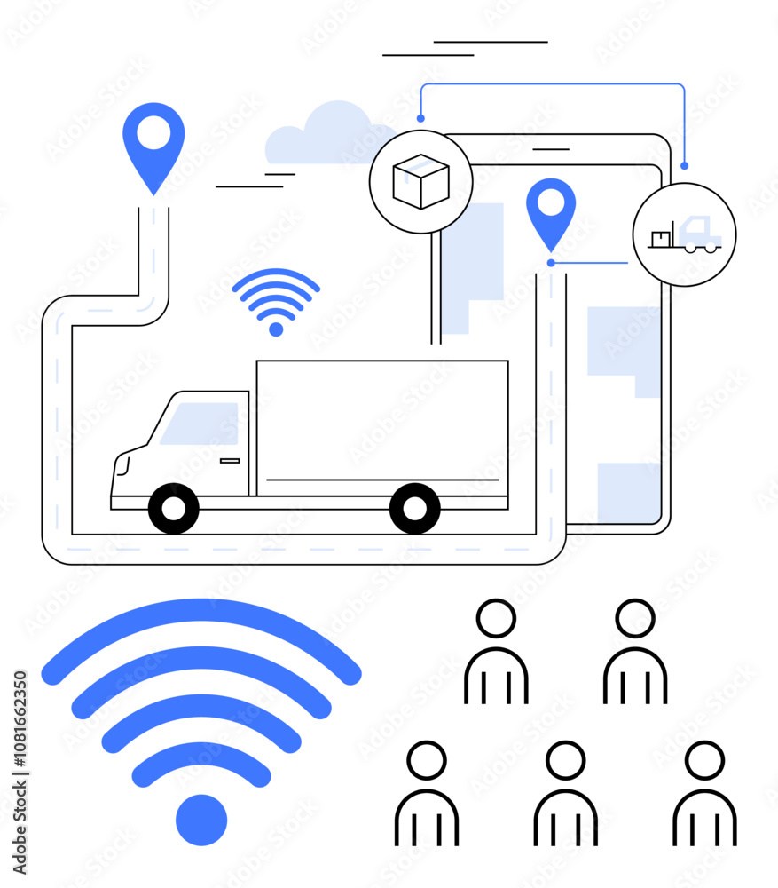 Truck large wireless symbol map with location pins, package icon on screen, silhouettes of people. Ideal for logistics, fleet management, IoT, connectivity, data analysis, smart cities, delivery Truck large wireless symbol map with location pins, package icon on screen, silhouettes of people. Ideal for logistics, fleet management, IoT, connectivity, data analysis, smart cities, delivery