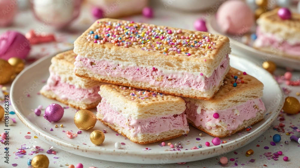 A stack of pink waffle cookies with sprinkles on top A stack of pink waffle cookies with sprinkles on top