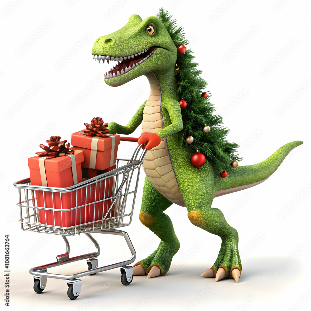 Fototapeta premium Happy Dinosaur Pushing Shopping Cart with Christmas Gifts