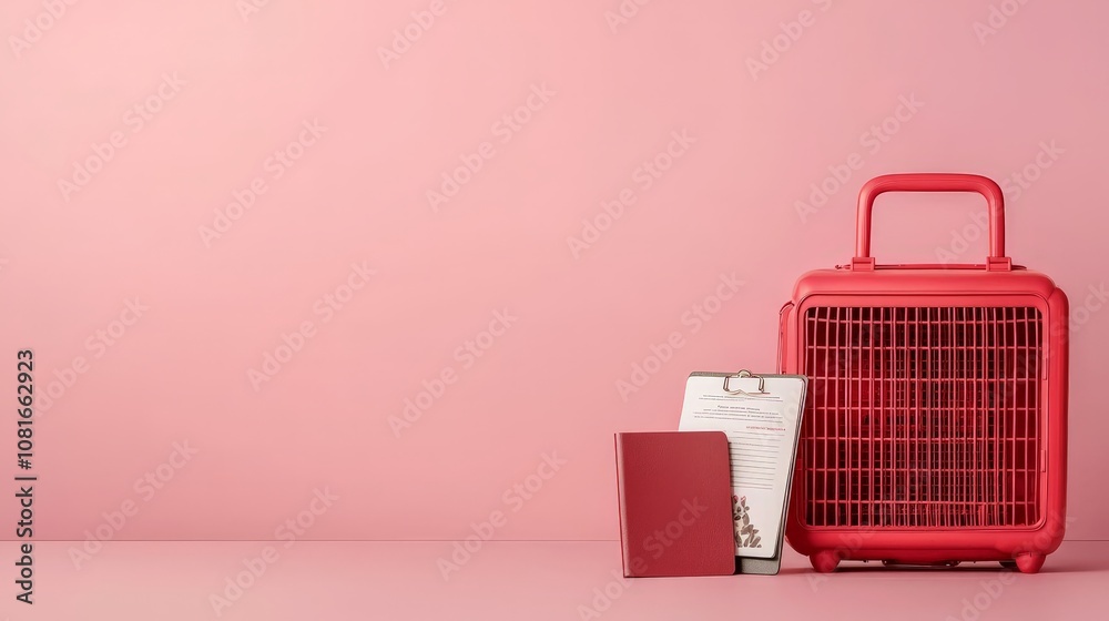 pet travel  vacation  road trip concept. A vibrant red pet carrier next to a stylish cup and notebook, set against a soft pink background, ideal for travel and organization.