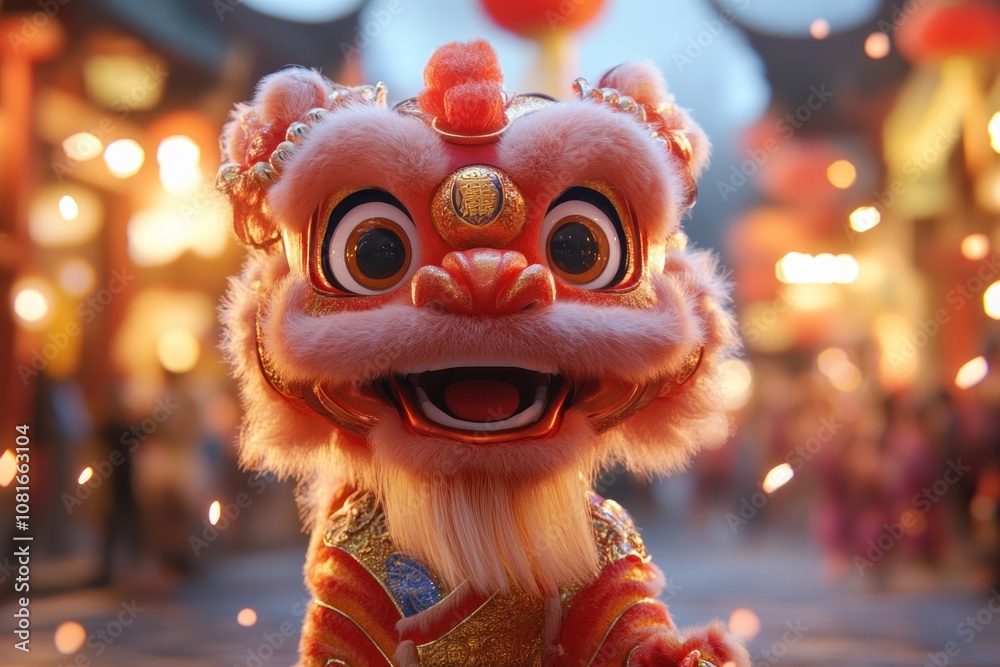 A smiling, pink and gold lion dance costume with a blurred background of people and red lanterns. A smiling, pink and gold lion dance costume with a blurred background of people and red lanterns.