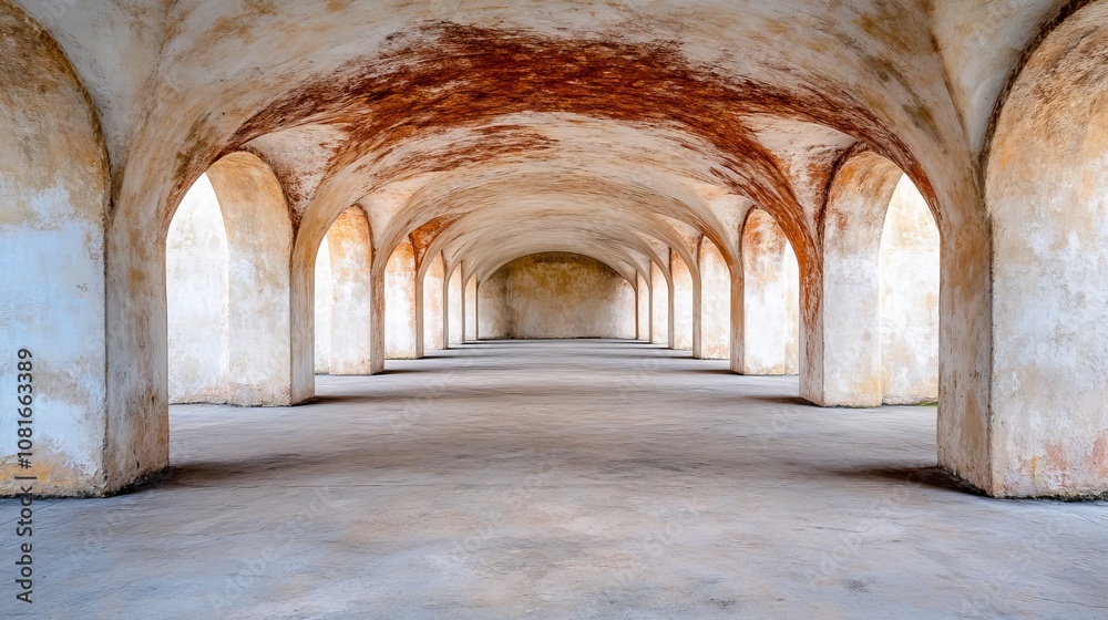 Naklejka premium A long hallway with arches in an old building