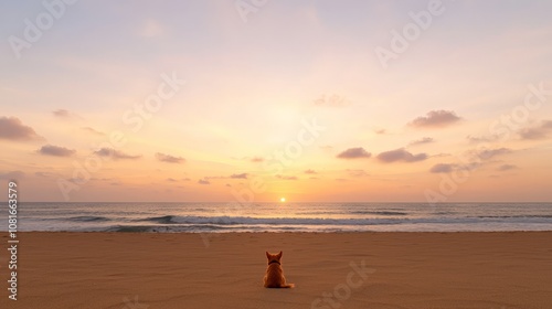 pet travel vacation road trip concept. A dog gazes at a stunning sunset over the ocean, with soft clouds scattered in the sky and wet sand reflecting the warm colors.