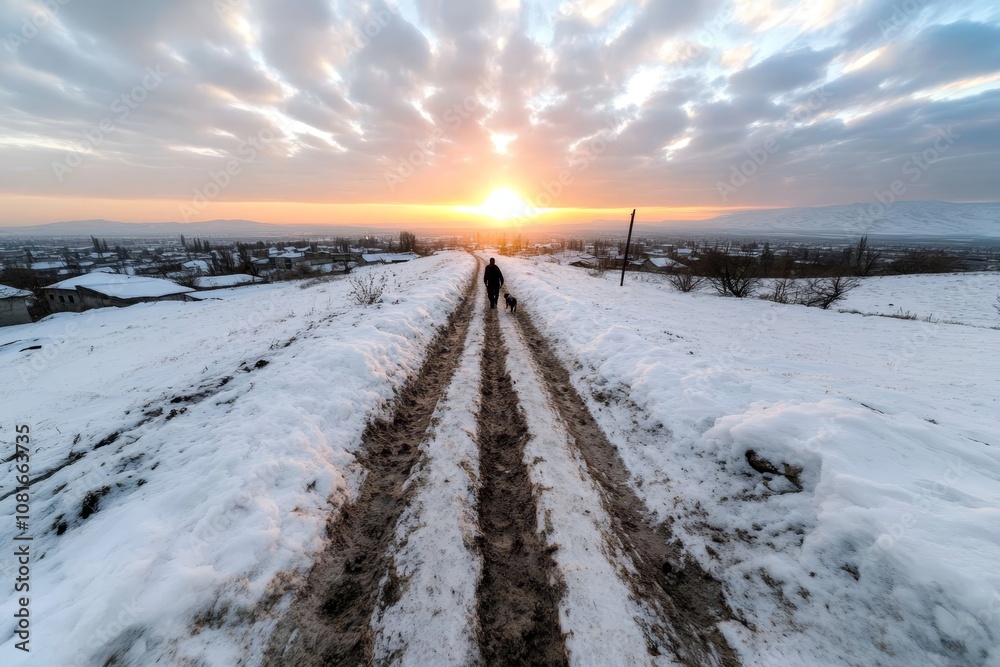 A person walking a dog down a snow covered road A person walking a dog down a snow covered road