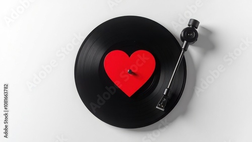 Black vinyl record with a red heart label on a white background with copy space. Flat lay composition. Valentine's Day and music love concept. Design for greeting card, poster, invitation, banner