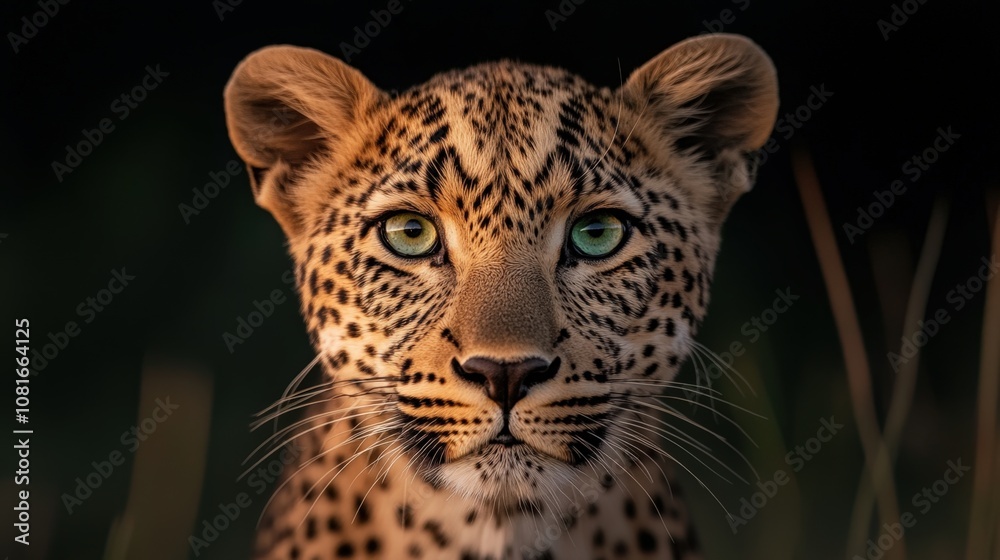 Obraz premium A close-up portrait of a leopard showcasing its striking green eyes and distinctive spots.