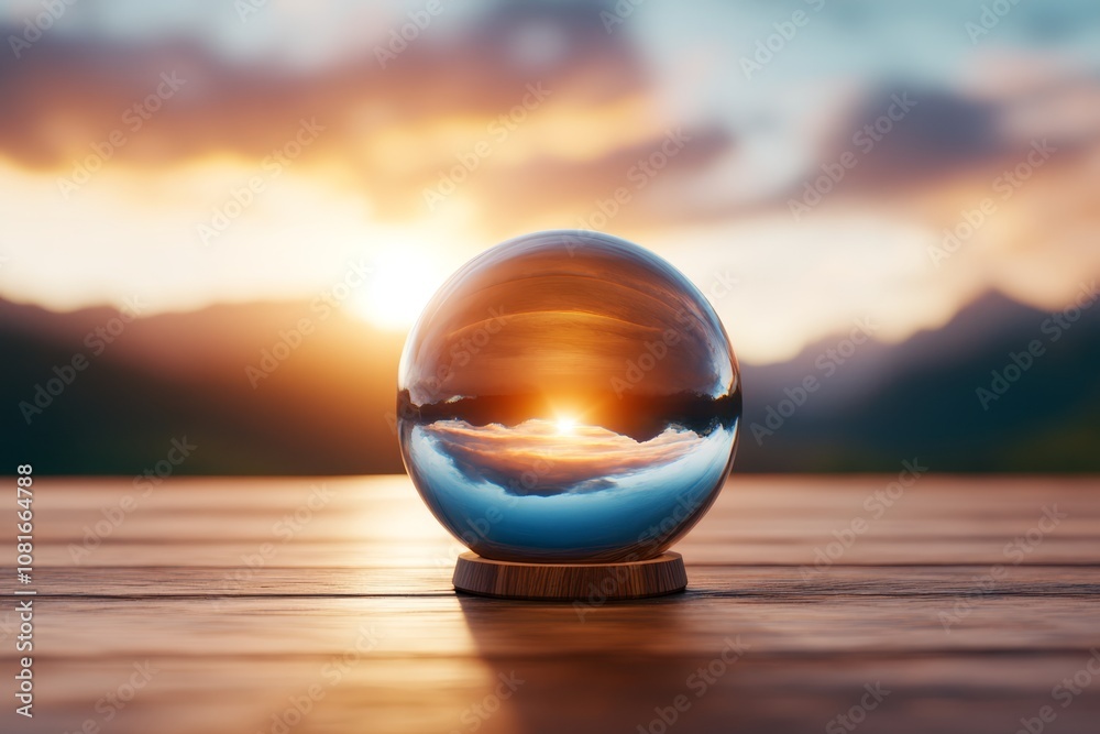 A glass ball sitting on top of a wooden table A glass ball sitting on top of a wooden table