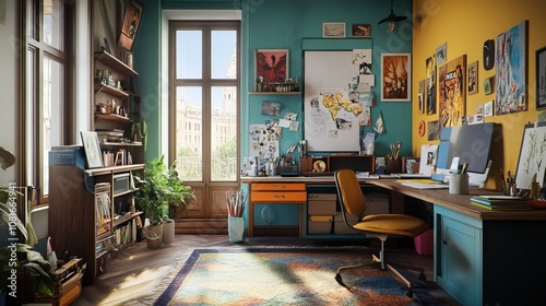 Artistic study space with colorful decor, unique furniture, creative art supplies, inspiration boards, for an artist's productive corner