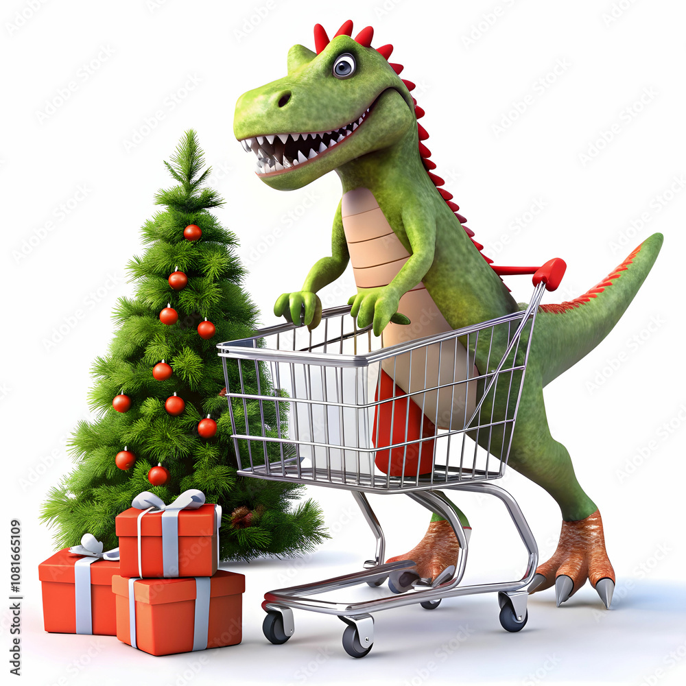 Naklejka premium Happy Dinosaur Pushing Shopping Cart with Christmas Gifts