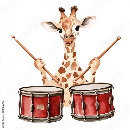 Whimsical Giraffe Percussionist in Vibrant Watercolor Painting