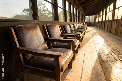 Empty wooden chairs sunlit hallway interior design rustic environment warm viewpoint tranquility concept