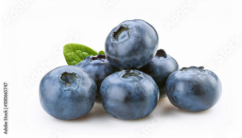 Fresh Blueberries with Green Leaf Isolated on White Background