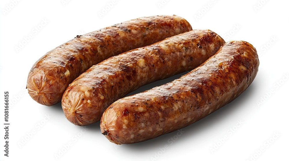 On a transparency background, a full view of a pork sausage is shown at the top. On a transparency background, a full view of a pork sausage is shown at the top.