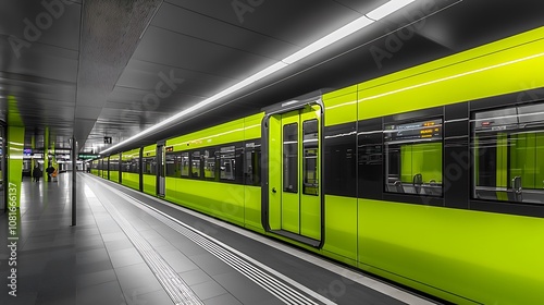 Modern train parked at the station or platform in Berlin, side view, subway at eye level, black and white, subtle lighting, geopunk, lumen reflections of dark green and yellow light colors photo