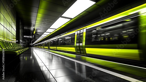 Modern train parked at the station or platform in Berlin, side view, subway at eye level, black and white, subtle lighting, geopunk, lumen reflections of dark green and yellow light colors photo