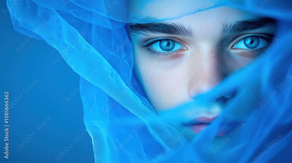 A close-up portrait of a person with striking blue eyes, partially obscured by a translucent blue veil. A close-up portrait of a person with striking blue eyes, partially obscured by a translucent blue veil.