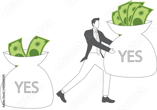 Businessman with two options to choose between two bag of money