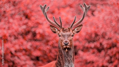 A majestic red deer buck with large antlers stares into the camera with a red foliage background. photo