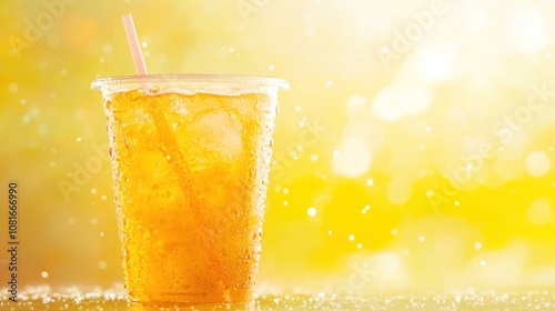 A glass of iced tea with a straw on a blurred background with yellow bokeh.