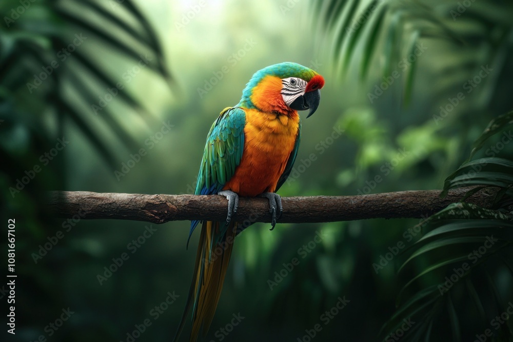 Obraz premium Parrot perched on branch rainforest wildlife photography tropical environment close-up view nature conservation