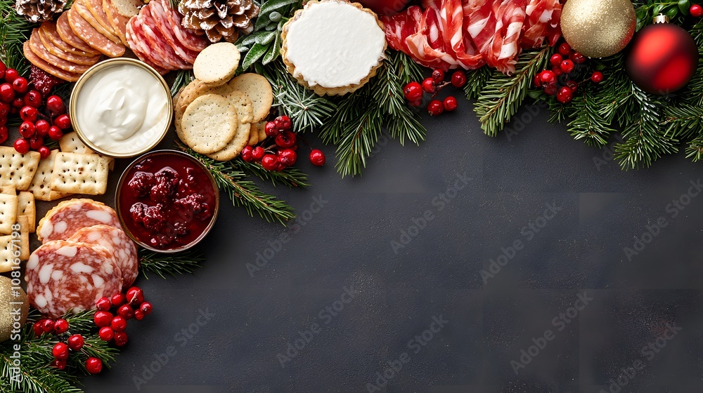 Grazing table with a variety of Christmas-themed finger foods and pastries, artfully arranged with a color scheme of red, white, and green Grazing table with a variety of Christmas-themed finger foods and pastries, artfully arranged with a color scheme of red, white, and green