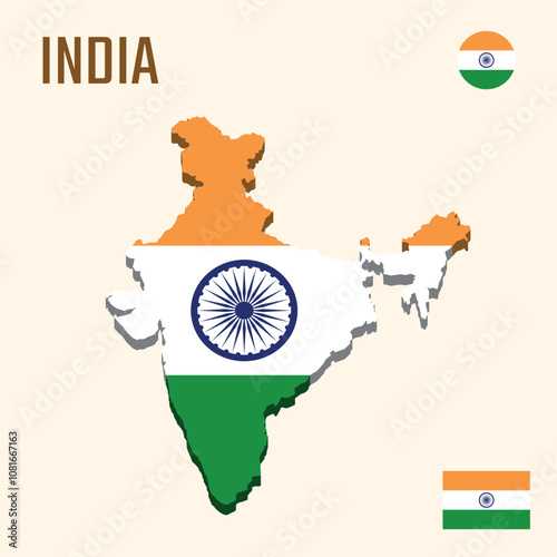 3D India map with flag, Three dimensional map of India with shadow