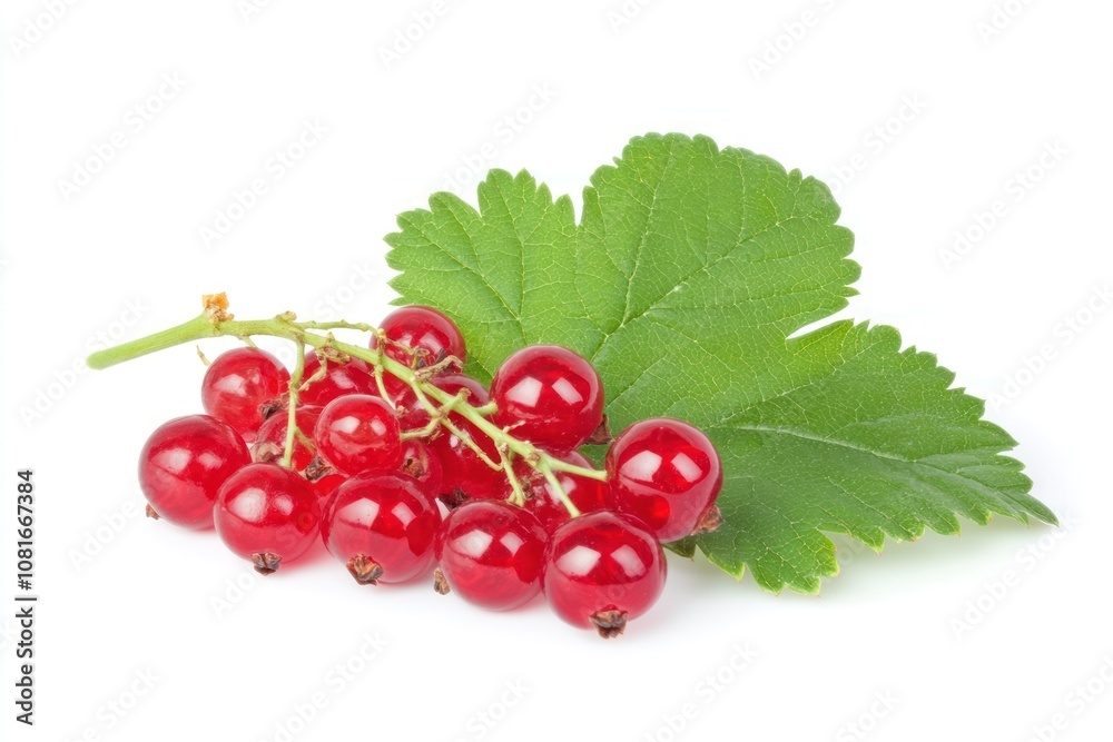 A sprig of red currants with leaves, isolated on a white background. A sprig of red currants with leaves, isolated on a white background.