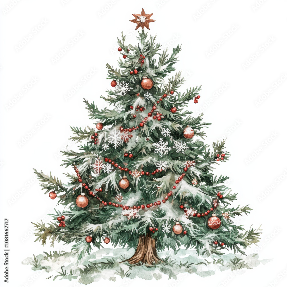 beautifully decorated Christmas tree with ornaments and snowflakes, showcasing festive spirit. tree is lush and green, adorned with red and gold decorations, perfect for holiday celebrations beautifully decorated Christmas tree with ornaments and snowflakes, showcasing festive spirit. tree is lush and green, adorned with red and gold decorations, perfect for holiday celebrations
