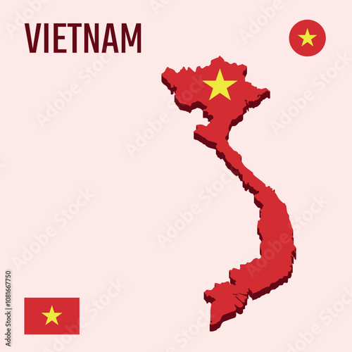 3D Vietnam map with flag, Three dimensional map of Vietnam with shadow