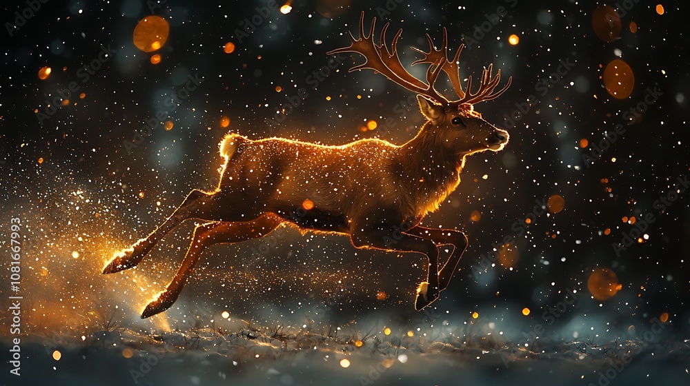 Reindeer in flight silhouetted by shimmering stars, double exposure theme emphasizing a hopeful journey and clarity. Reindeer in flight silhouetted by shimmering stars, double exposure theme emphasizing a hopeful journey and clarity.
