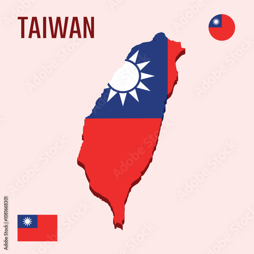 3D Taiwan map with flag, Three dimensional map of Taiwan with shadow