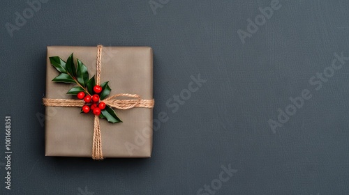 A single gift box wrapped in brown paper with a sprig of holly and twine, on a dark grey background, with copy space.