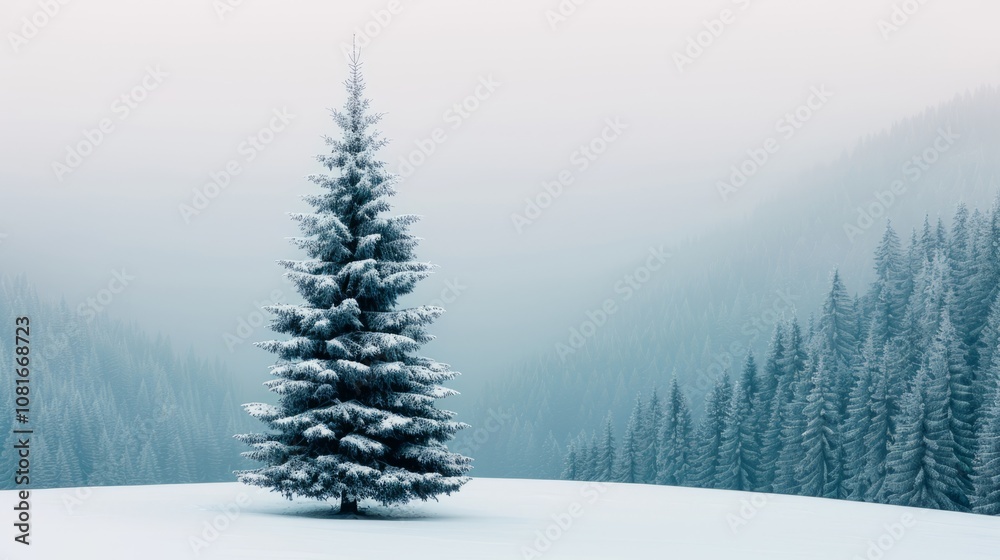 A single snow-covered fir tree stands out against a backdrop of a misty forest. A single snow-covered fir tree stands out against a backdrop of a misty forest.