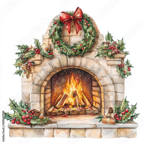cozy fireplace adorned with festive wreath and holly, radiating warmth and holiday spirit. Perfect for winter decor and seasonal celebrations