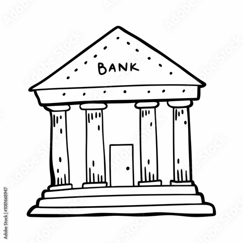 Sketch of Classic Bank Building with Columns and Pediment in Vector Style