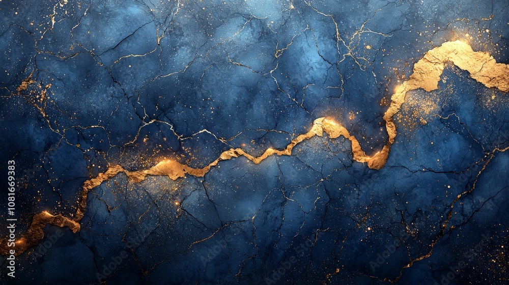 Abstract blue and gold textured background with cracks and shimmering details. Abstract blue and gold textured background with cracks and shimmering details.