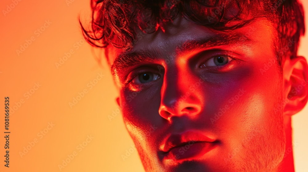 Intense close-up portrait of a man with striking red lighting Intense close-up portrait of a man with striking red lighting