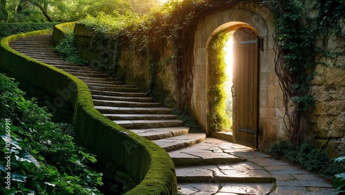 Stone Path Leading to a Hidden Door in an Ivy-Covered Wall with Soft Glowing Light 