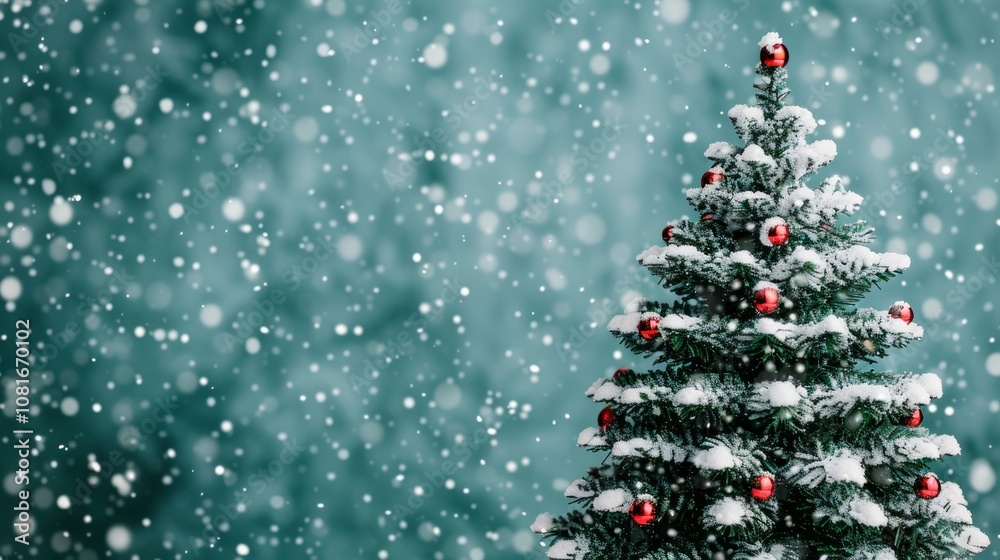 A snow-covered Christmas tree with red ornaments stands against a snowy blue background. A snow-covered Christmas tree with red ornaments stands against a snowy blue background.
