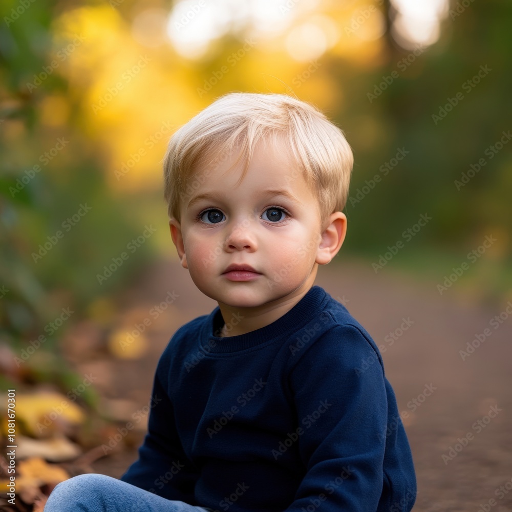 Adorable young child with blonde hair and blue eyes sitting in autumn setting Adorable young child with blonde hair and blue eyes sitting in autumn setting