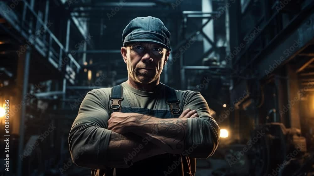 Portrait of a muscular industrial worker standing with crossed arms in a dark factory. He is wearing a cap and work overalls Portrait of a muscular industrial worker standing with crossed arms in a dark factory. He is wearing a cap and work overalls