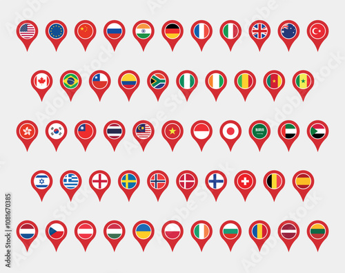 map pointer set of 53 countries, national World Flags icons
