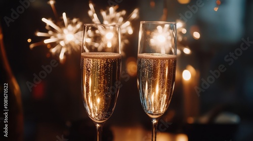 Elegant new year celebration background featuring champagne flutes toasting amidst vibrant fireworks, perfect for festive party invitations, holiday greetings, and festive event designs